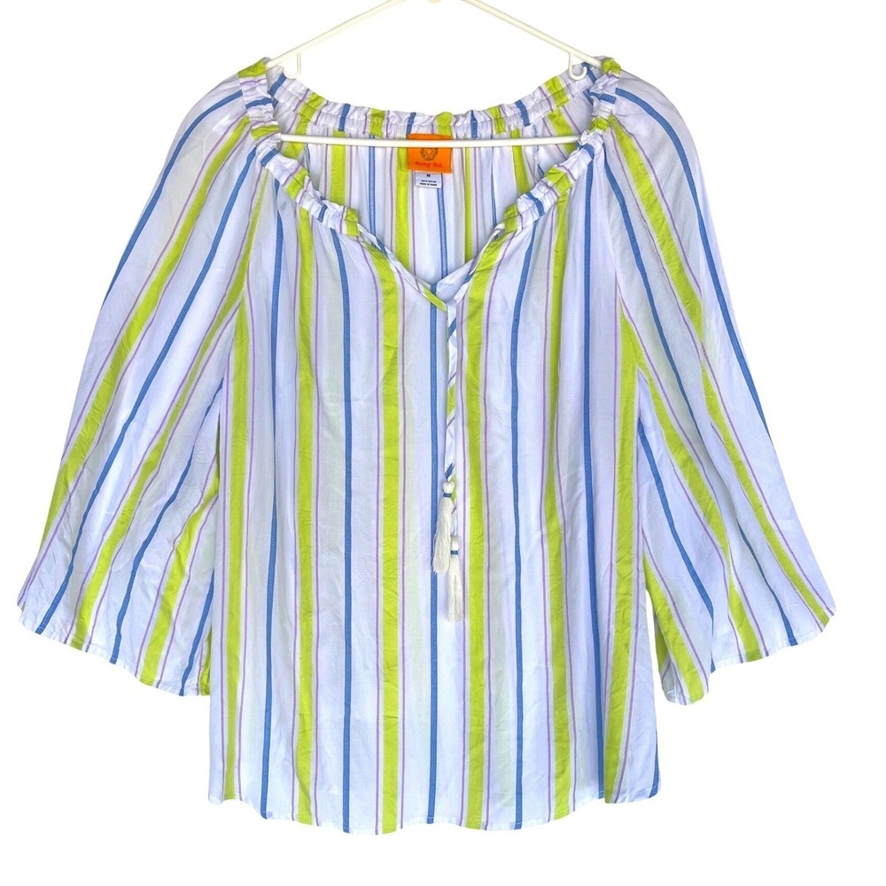 Ruby Rd Womens Medium Blouse Rayon Striped Tassel Tie Bell Sleeve Peasant Top